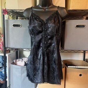 Victoria's Secret Black Satin Floral Lace Chemise